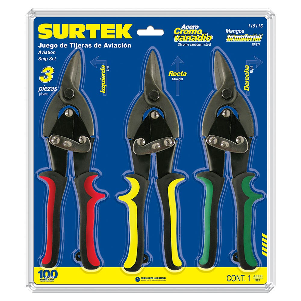 Juego para hojalatero de tijeras tipo aviación, 3 piezas Surtek