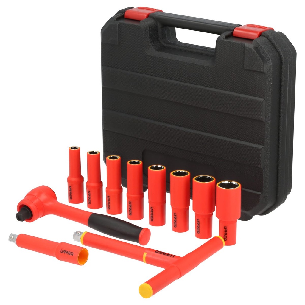 Juego de dados y accesorios cuadro de 1/2" métricos para 1000 V, caja plástica, 11 piezas Urrea