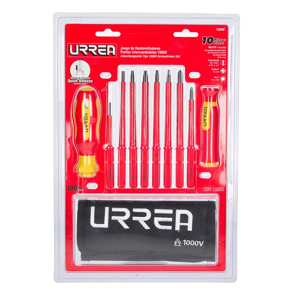 Juego de destornilladores con mango bimaterial y puntas intercambiables 1000 V, 10 piezas Urrea
