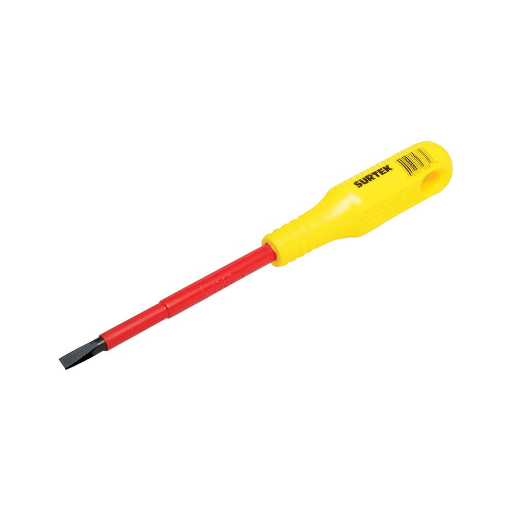 Destornillador con mango amarillo dieléctrico, punta cabinet 1000 V de 7/32" x 5" Surtek