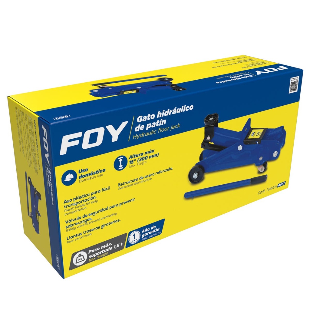 Gato hidráulico de patín compacto, 1.5 ton Foy