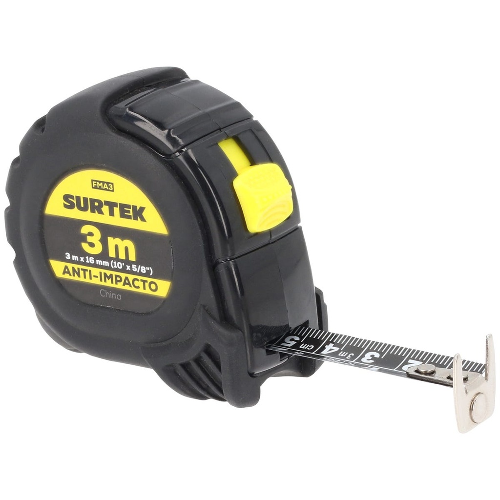 Flexómetro con carcasa anti-impacto cinta color negro, 3 m x 16 mm Surtek