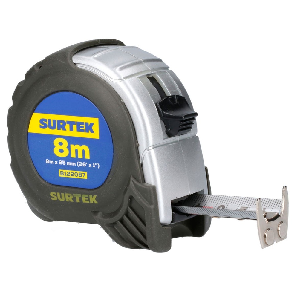 Flexómetro con carcasa anti-impacto silver, 8 m x 25 mm Surtek