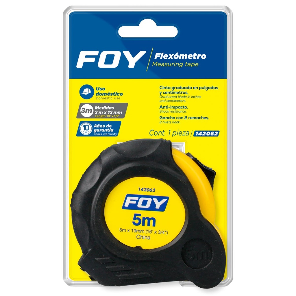 Flexómetro anti-impacto con carcasa rubber grip, 3 m x 13 mm Foy