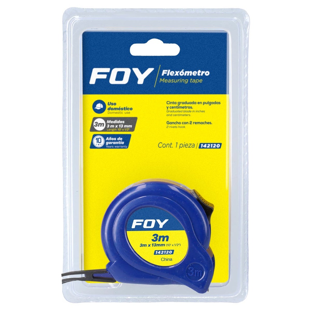 Flexómetro con carcasa de plástico azul, 3 m x 13 mm Foy