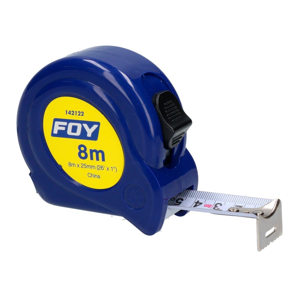 Flexómetro con carcasa de plástico azul, 8 m x 25 mm Foy