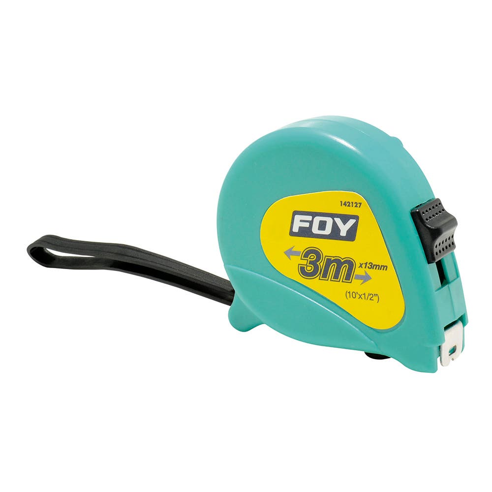 Flexómetro con carcasa de plástico turquesa, 3 m x 13 mm Foy
