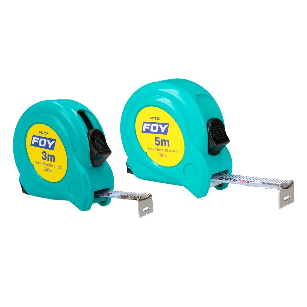 Flexómetro con carcasa de plástico turquesa, 5 m x 19 mm Foy