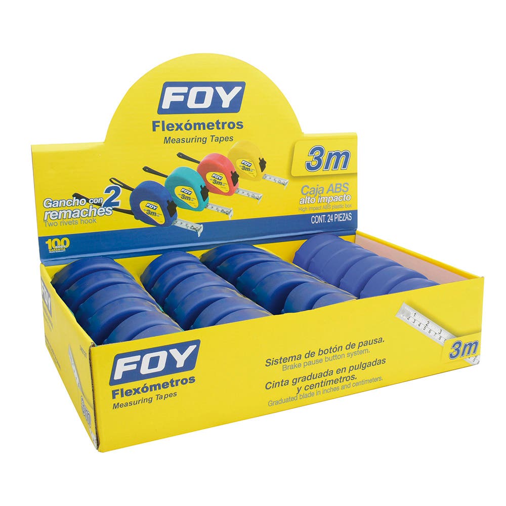 Flexómetros con carcasa de plástico azul en display, 3 m x 25 mm Foy