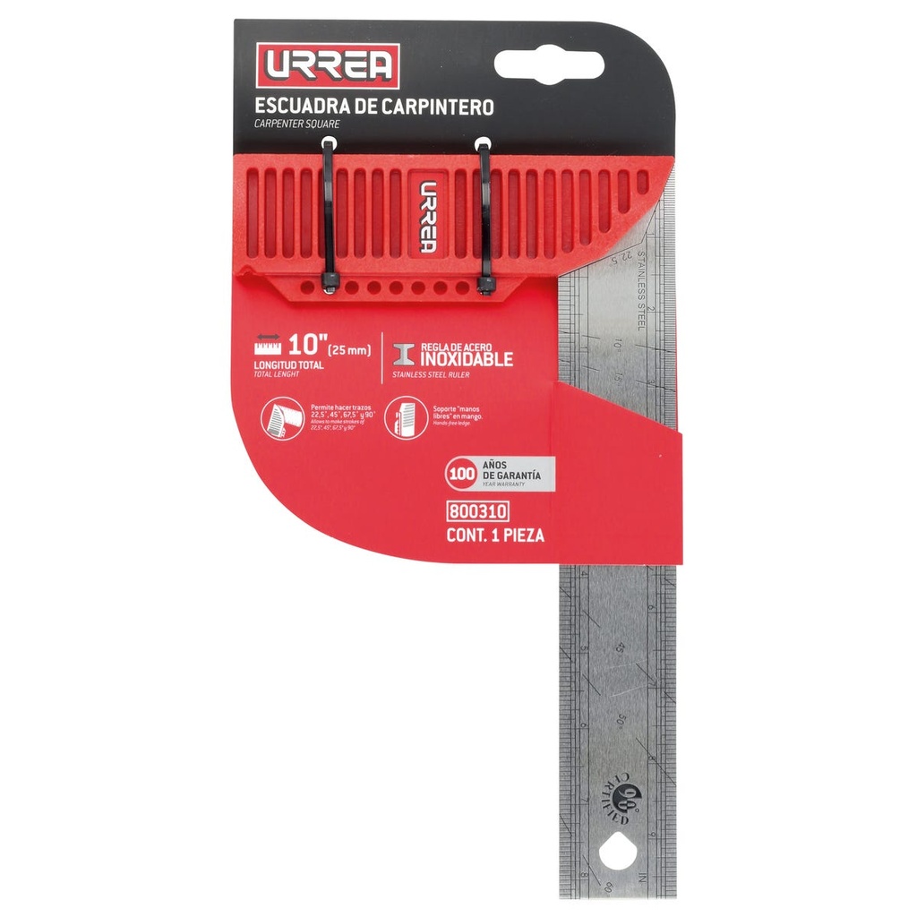 Escuadra de carpintero con mango plástico 10" Urrea