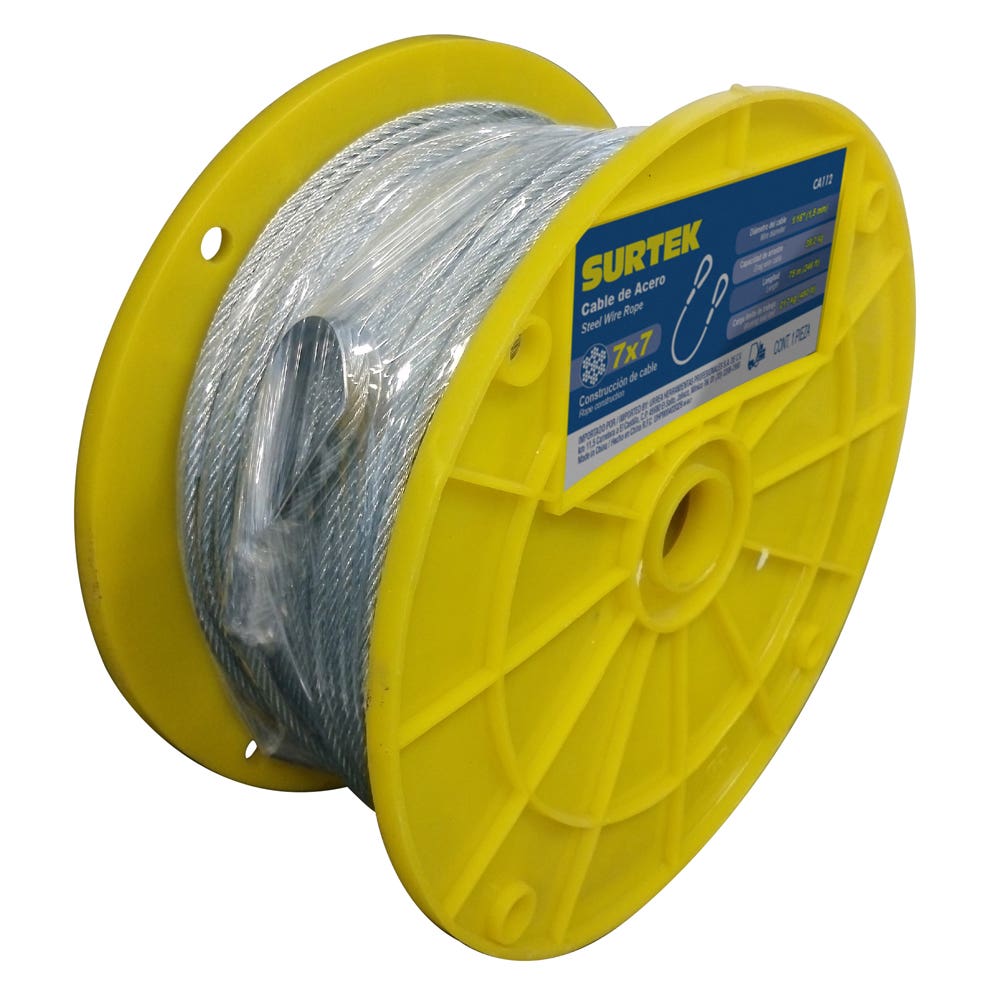 Cable de acero con guardacabo recubrimiento PVC 7 x 7 hilos, 1/16" x 150 m Surtek