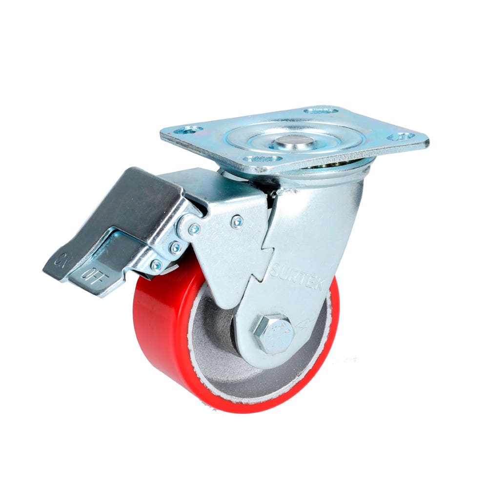 Rodaja de fierro con poliuretano rojo giratoria con freno 4" Surtek