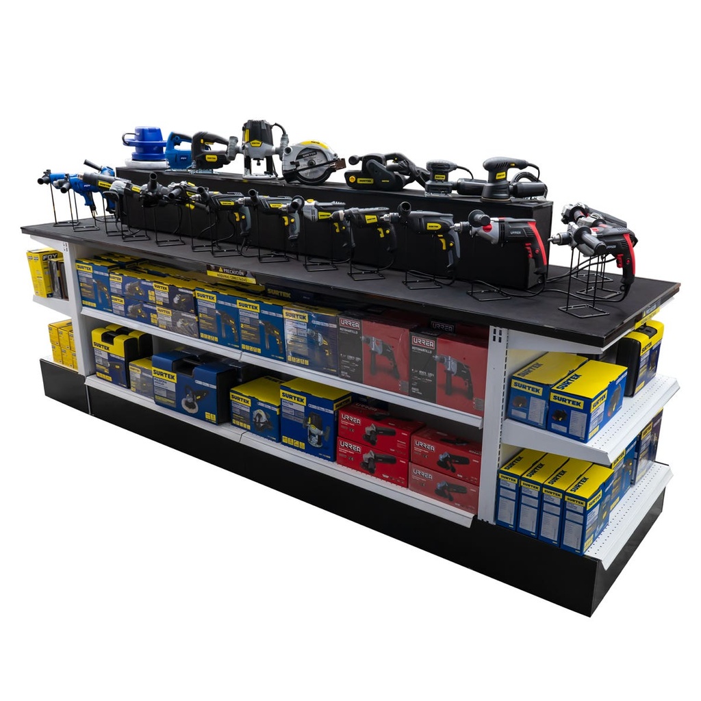 Góndola con herramientas eléctricas y accesorios, 3.40 x 0.90 x 1.40 m, 118 piezas Surtek