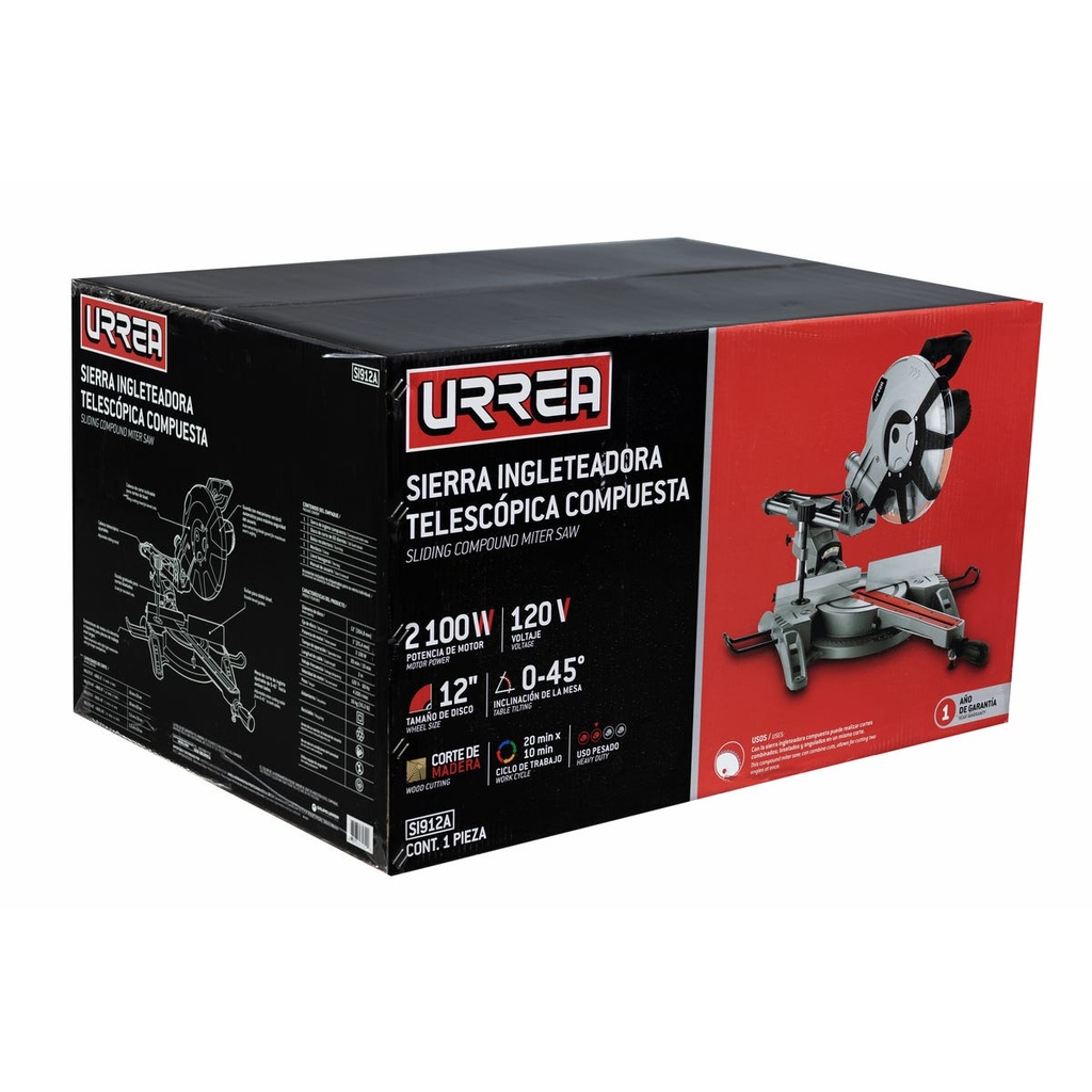 Sierra de inglete telescópica 12", 2100 W, 120 V, 4200 R/MIN Urrea