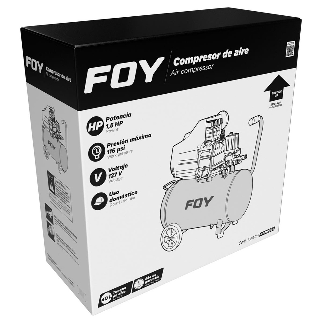 Compresor de aire eléctrico lubricado 40L, 1.5HP, 127V Foy