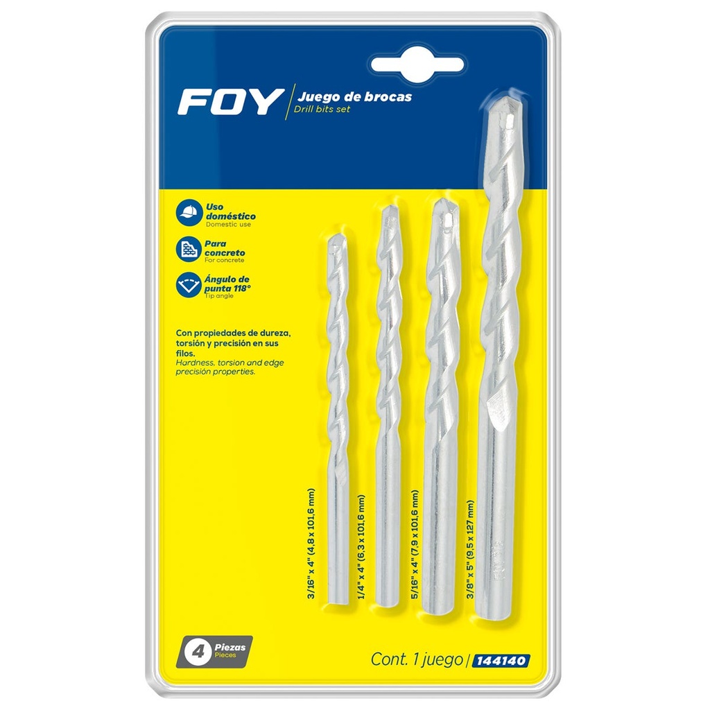 Juego de brocas para concreto con punta de tungsteno, 4 piezas Foy