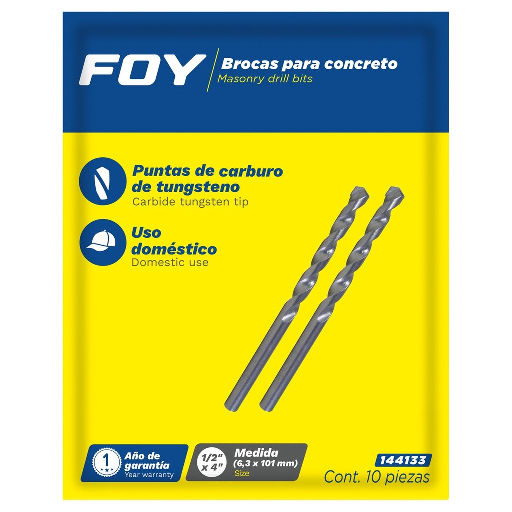 Broca para concreto zanco recto 1/4" x 4" Foy