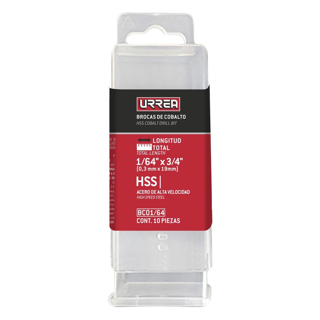 Broca con cobalto de acero de alta velocidad zanco recto 1/64" Urrea