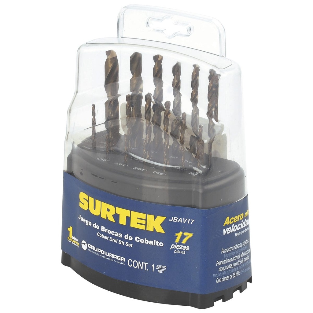Juego de brocas con cobalto de acero de alta velocidad zanco recto, 17 piezas Surtek