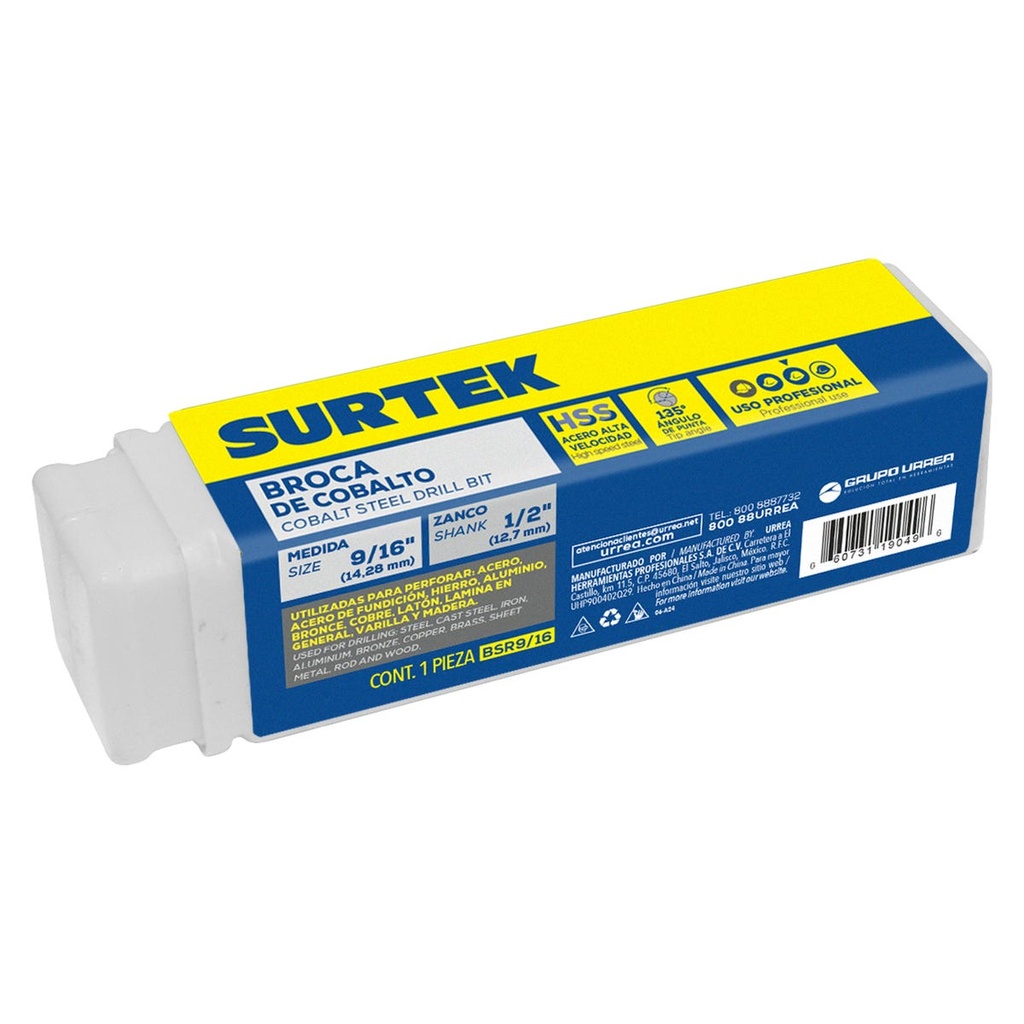 Broca con cobalto de acero de alta velocidad zanco reducido 9/16" Surtek