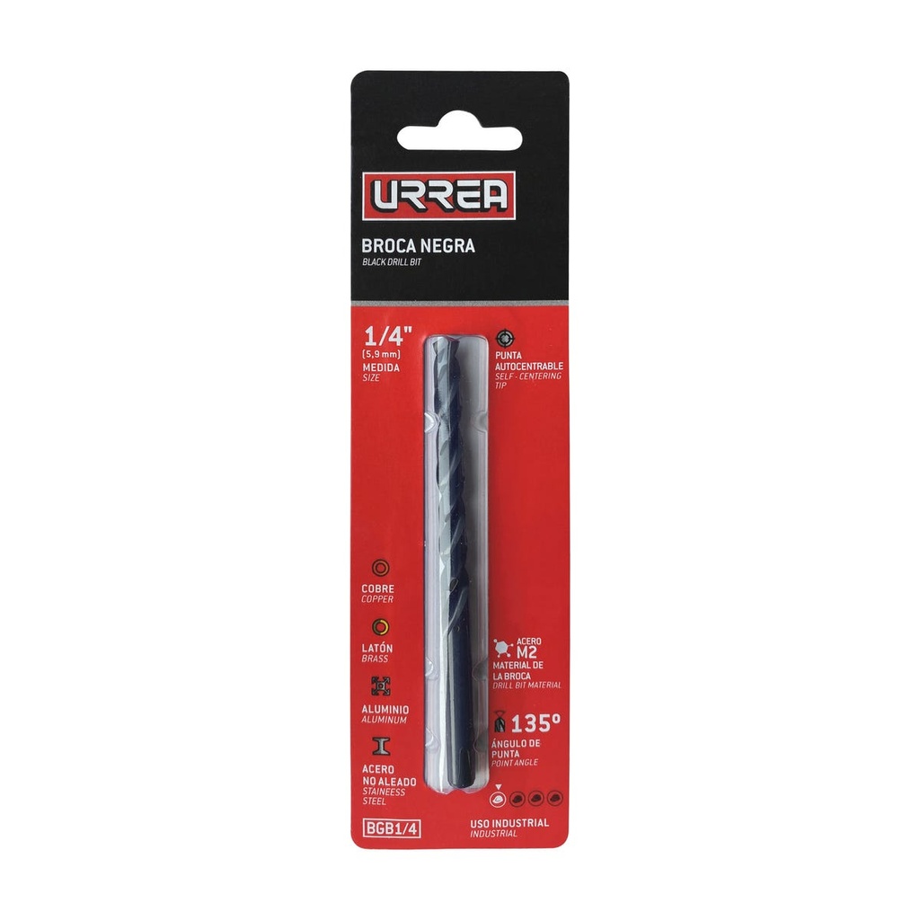 Broca negra de acero de alta velocidad zanco recto en blíster 1/4" Urrea
