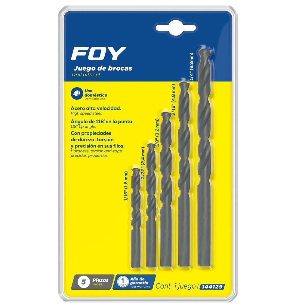 Juego de brocas negras de acero de alta velocidad zanco recto, 5 piezas Foy