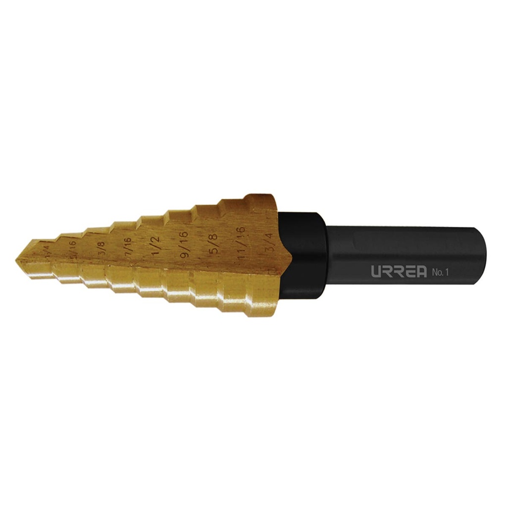 Broca escalonada de acero con doble estría #7, 1/4" - 1-3/8" zanco 3 planos Urrea