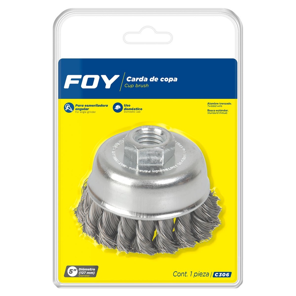 Carda copa trenzada alambre delgado 5" x 0.35 mm con rosca 5/8" Foy