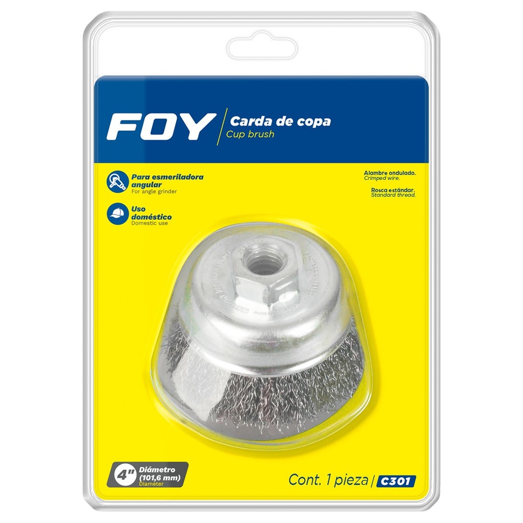 Carda copa ondulada alambre delgado 4" x 0.35 mm con rosca 5/8" Foy