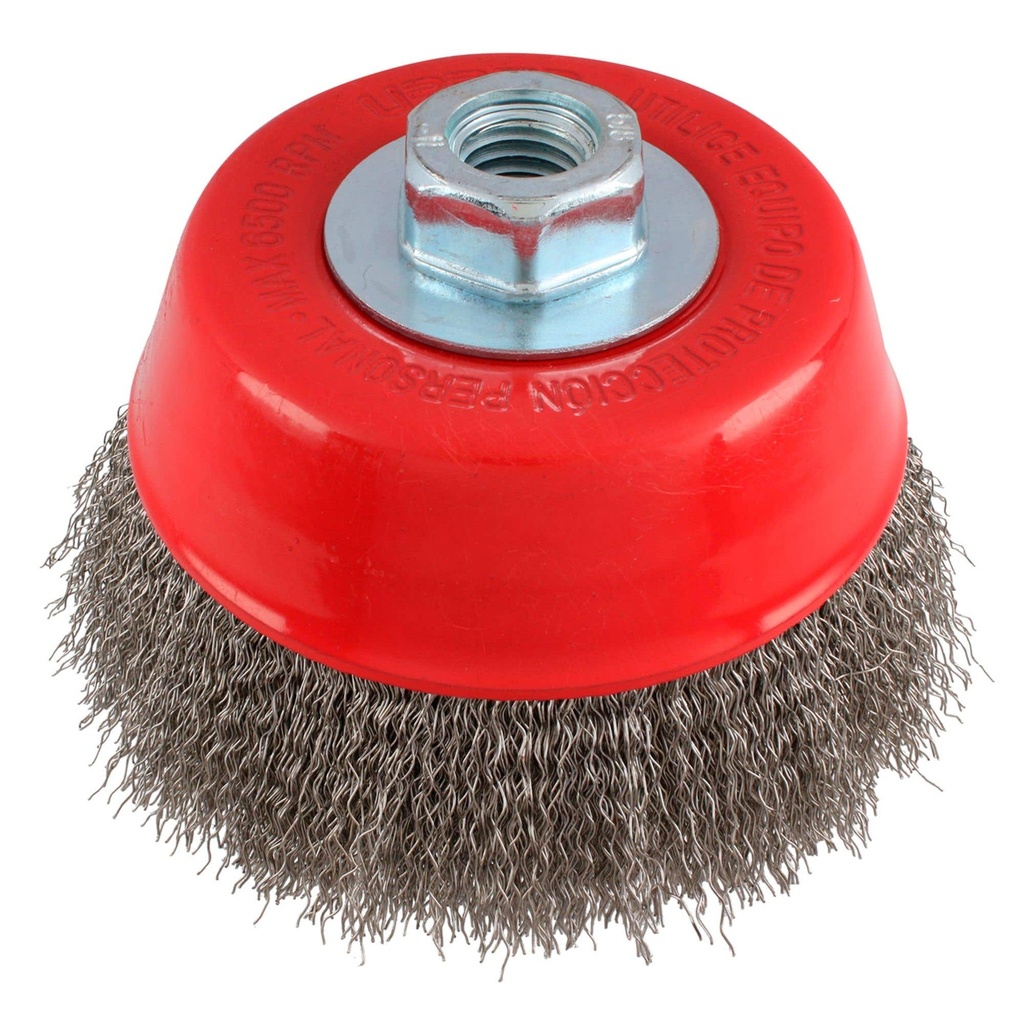 Carda copa ondulada alambre delgado 5" x 0.30 mm con rosca 5/8" Urrea