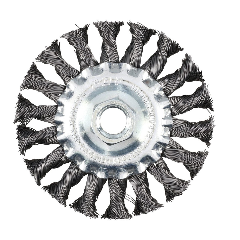 Carda circular trenzada alambre delgado 4" x 0.35 con rosca 5/8" Foy