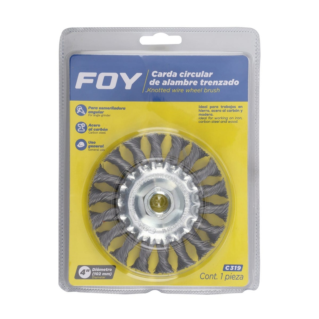 Carda circular trenzada alambre grueso 4" x 0.50 con rosca M14 Foy