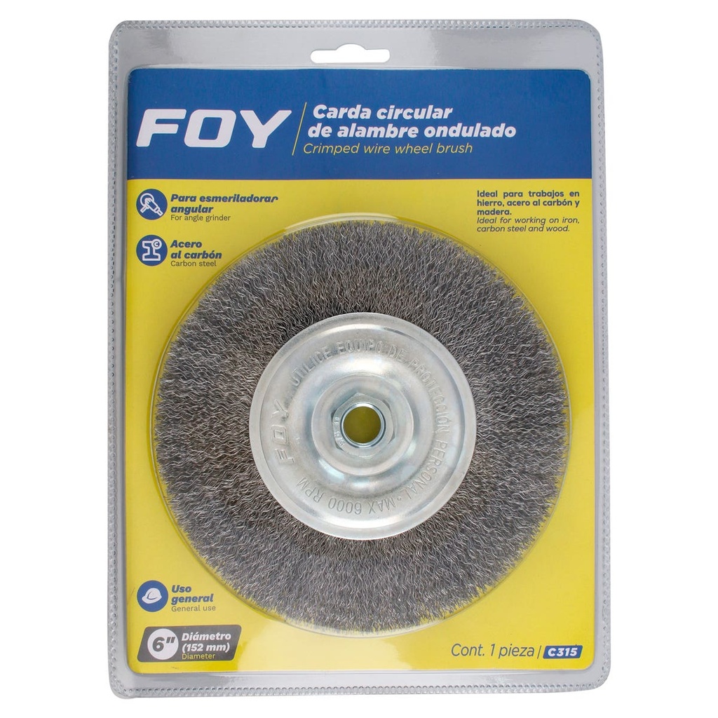 Carda circular ondulada alambre delgado 6" x 0.30 con rosca 5/8" Foy