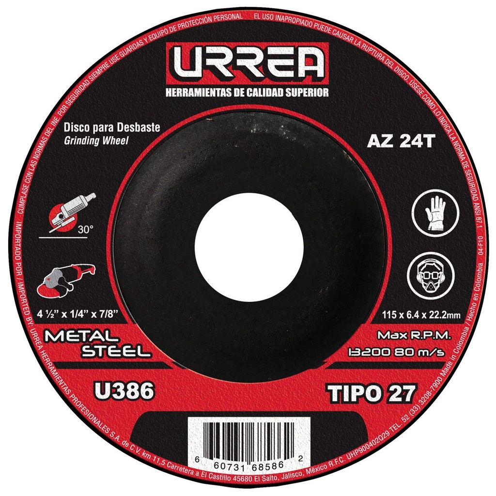 Disco abrasivo tipo 27 para metal con resinas, 4-1/2" x 1/4",13,200 RPM Urrea