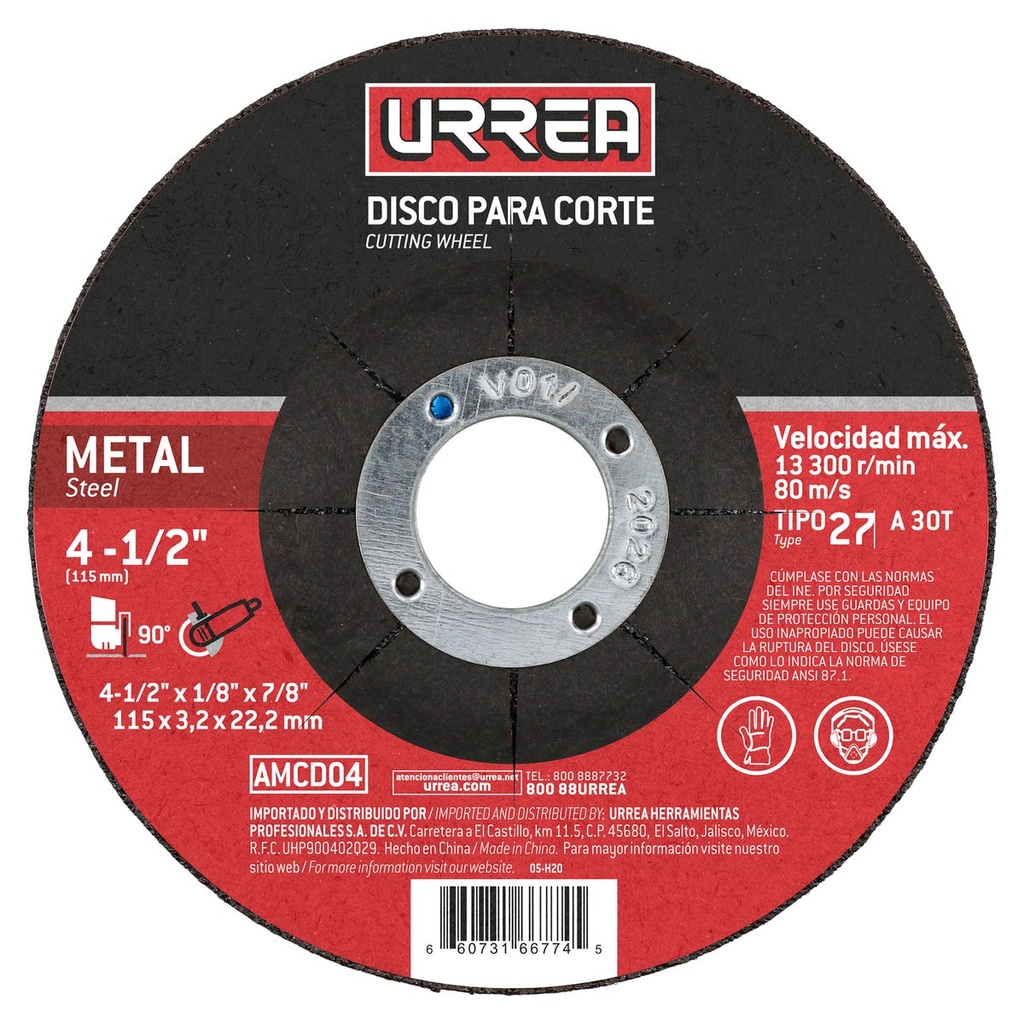 Disco abrasivo tipo 27 para metal, 4-1/2" x 1/8" Urrea