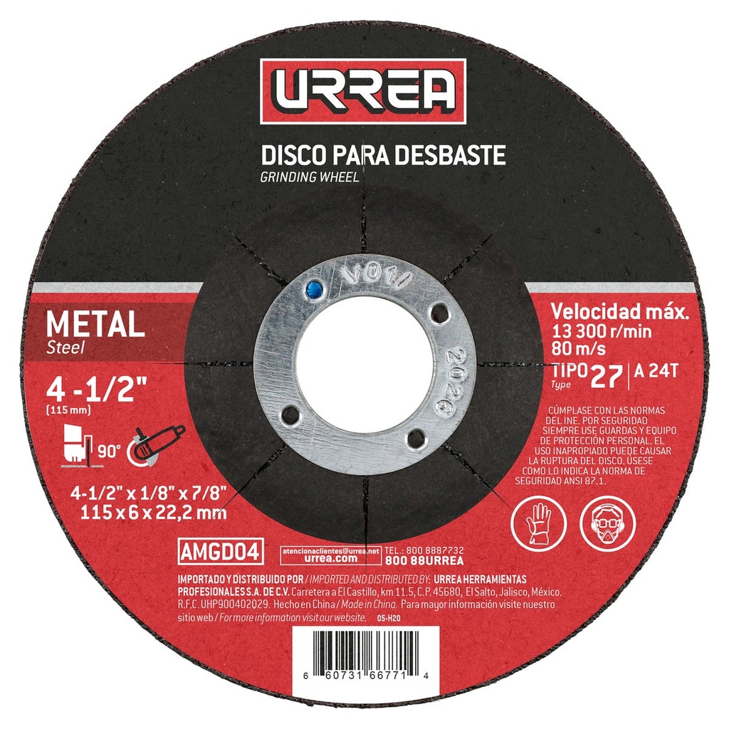 Disco abrasivo tipo 27 para metal, 4-1/2" x 1/4",13,300 RPM Urrea