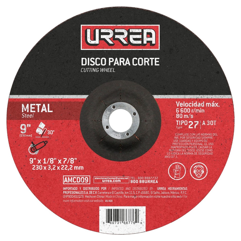 Disco abrasivo tipo 27 para metal, 9" x 1/8" Urrea