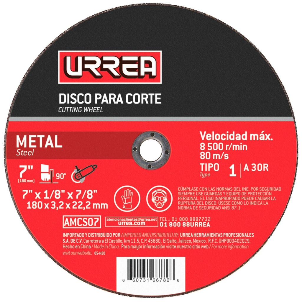 Disco abrasivo tipo 1 para metal, 4-1/2" x 1/16", 13,300 RPM Urrea