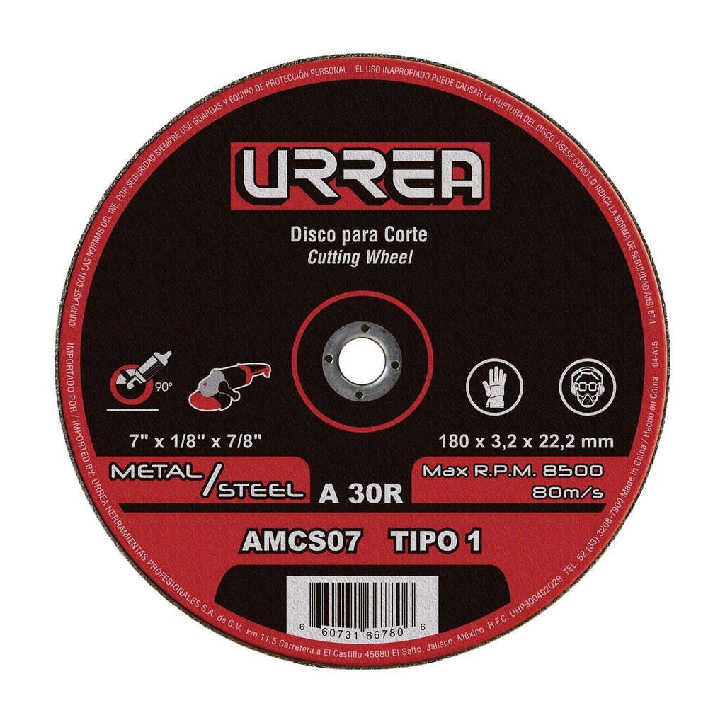 Disco abrasivo tipo 1 para metal, 7" x 1/8" Urrea