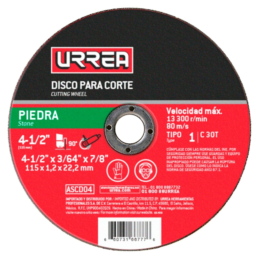 Disco abrasivo tipo 1 para piedra, 4-1/2" x 3/64" Urrea