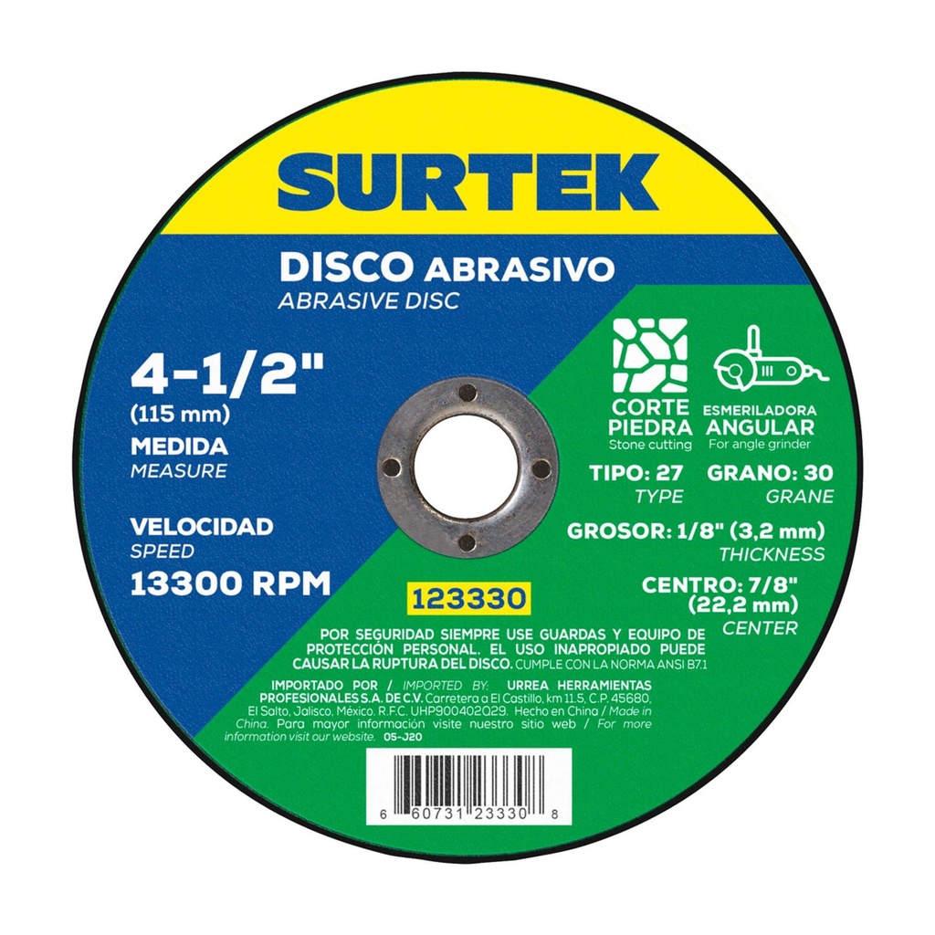 Disco abrasivo tipo 27 para piedra, 4-1/2" x 1/8" Surtek