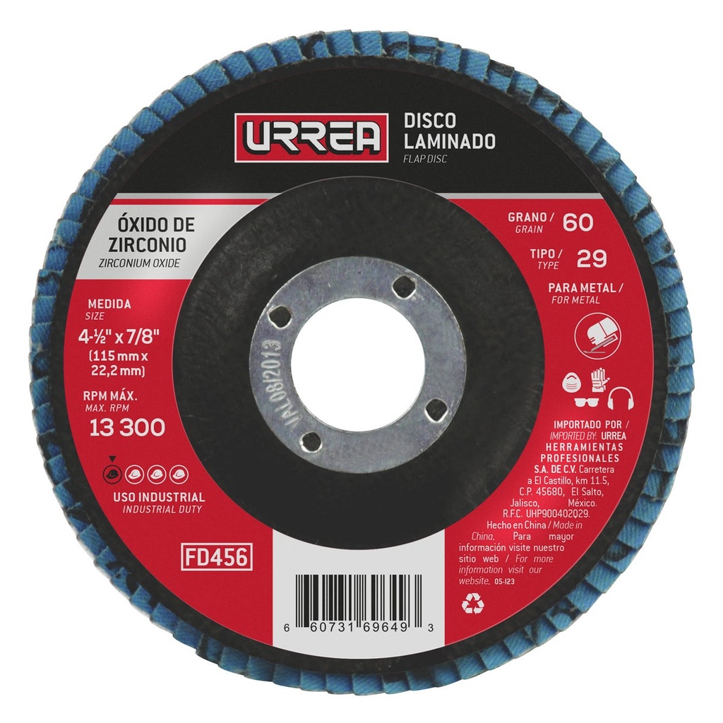 Disco laminado tipo 29 grano 60, 4-1/2" Urrea