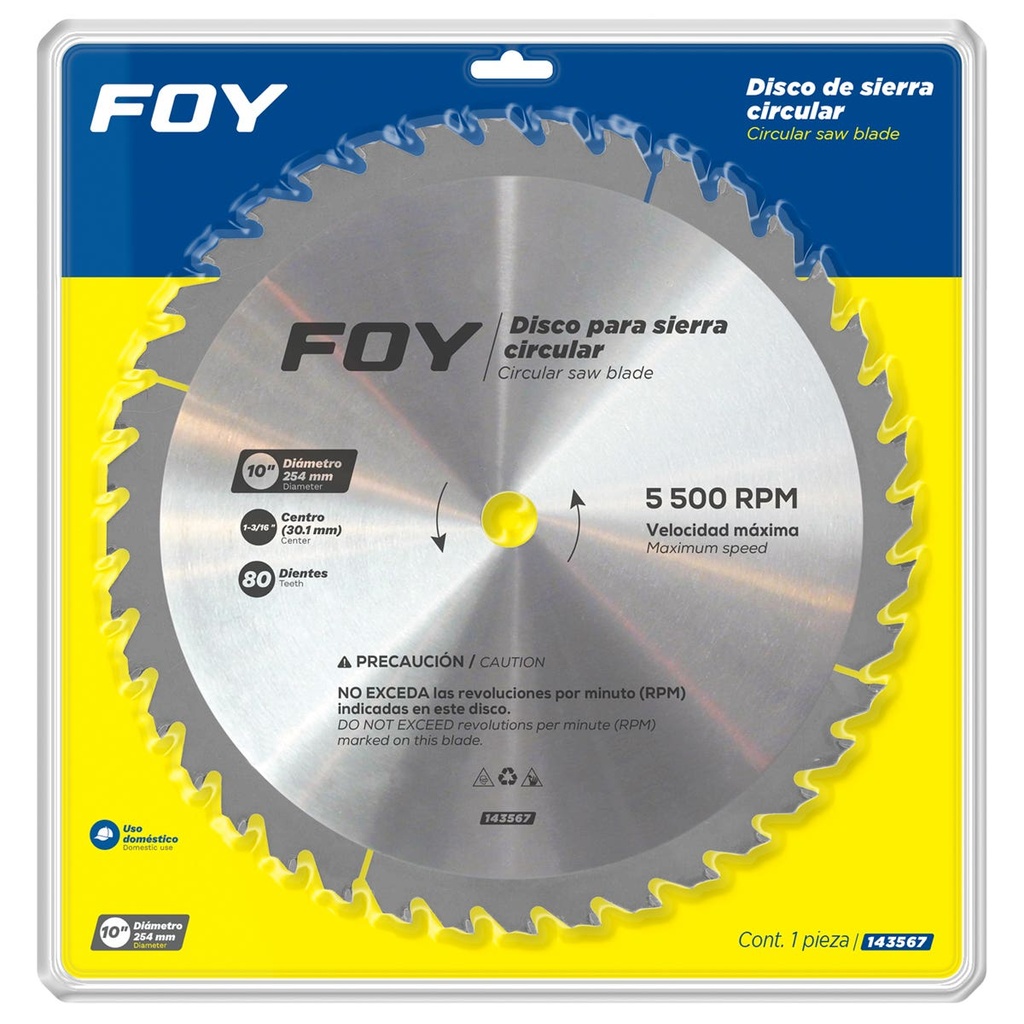 Disco para sierra circular para corte aluminio 80 dientes, 10" Foy