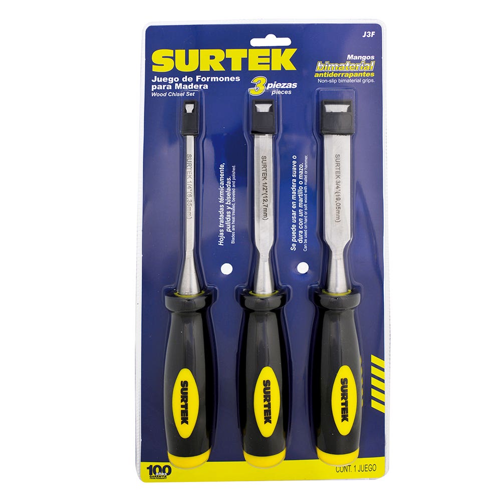 Juego de formones para madera con mango bimaterial, 3 piezas Surtek
