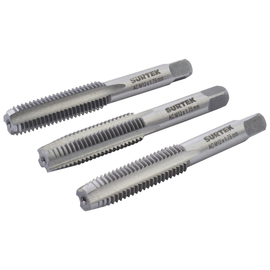 Juego de machuelos de acero al carbón M12 x 1.75, 3 piezas Surtek
