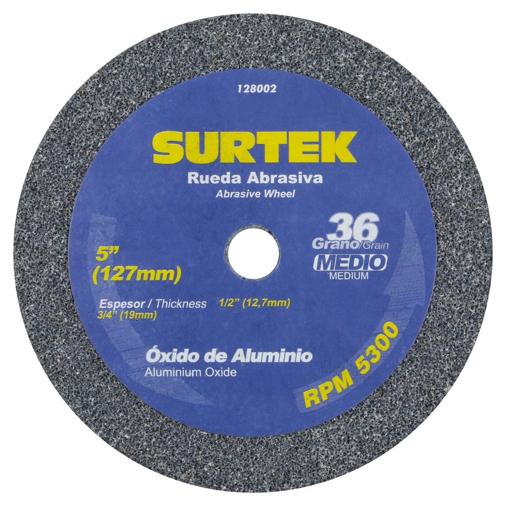 Rueda abrasiva de óxido de aluminio grano 36, 5" x 3/4" Surtek