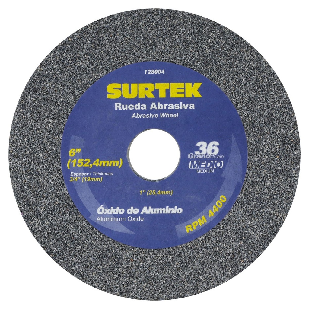 Rueda abrasiva de óxido de aluminio grano 36, 6" x 3/4" Surtek