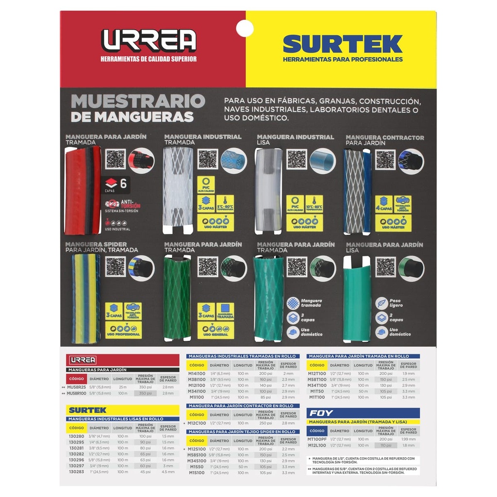 Muestrario de mangueras industriales y jardín Urrea