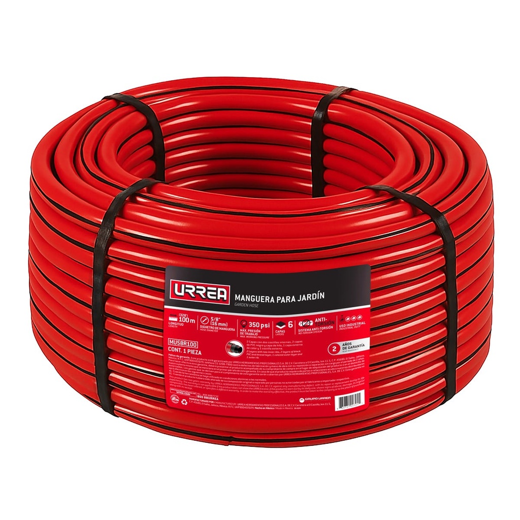 Manguera para jardín de 6 capas reforzada con conector metálico robusto 5/8", 100 m Urrea