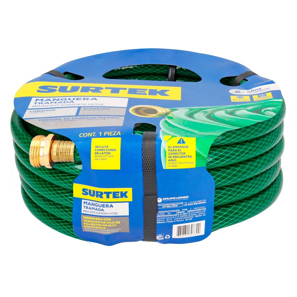 Manguera para jardín tramada verde con conector metálico 1/2", 15 m Surtek